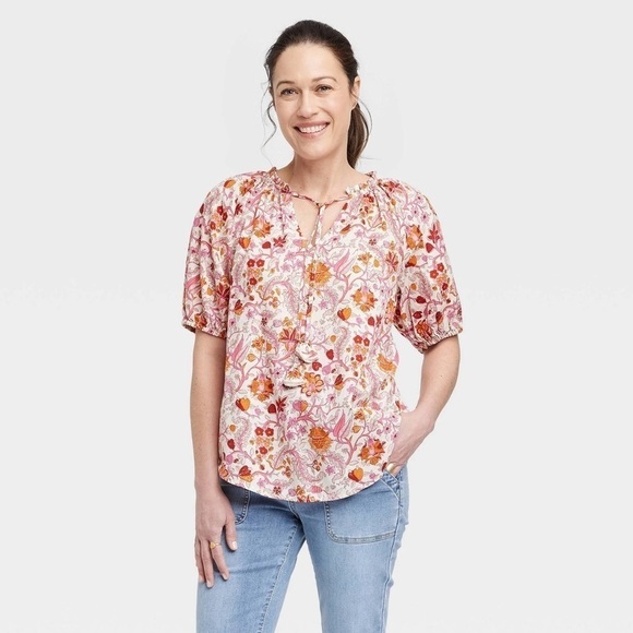 Knox Rose Tops - Knox Rose XL Short Sleeve Peasant Top Pink Red Orange Floral Target cotton